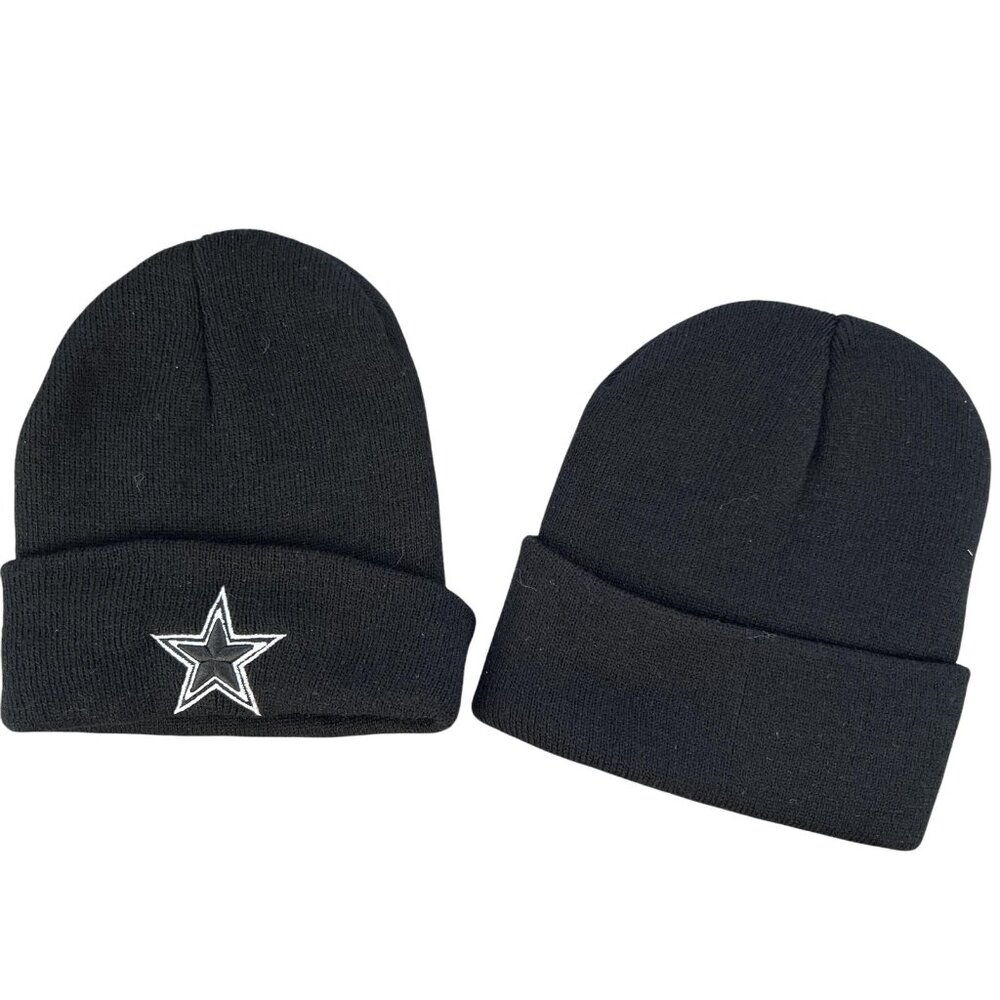 2 Mens Knit Caps 1 Star Embroidered 1 Solid Black Beanie Cuffed Winter Football - Picture 1 of 7